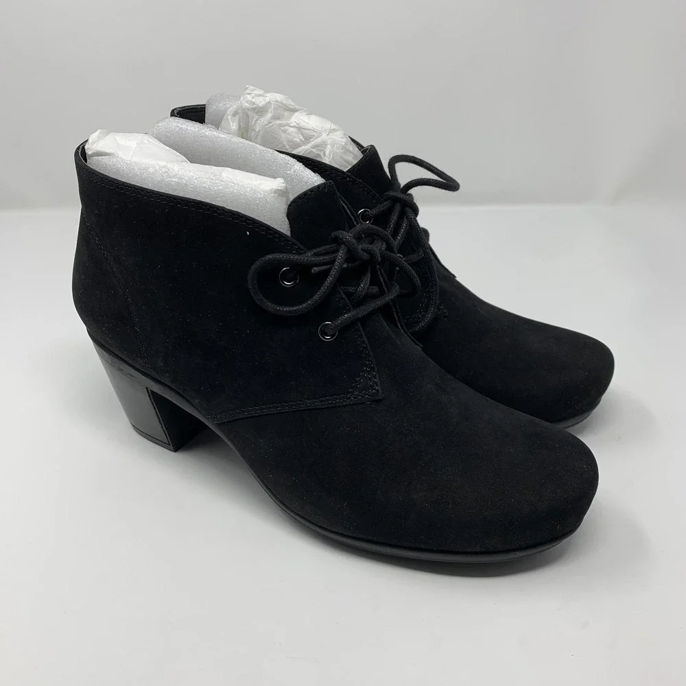 Abeo Boots Womens Size 7 Black‎ Suede Ankle Booties Comfort Lace Up Block Heel